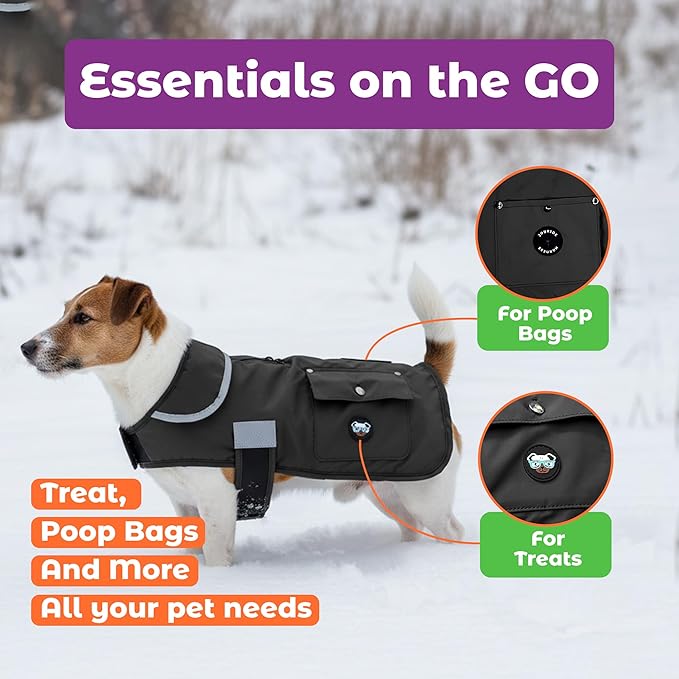 Joyride Harness FrostFlex Dog Winter Jacket - Fleece Lined & Water-Resistant - Snowsuit with Pockets for Treats & Poop Bags - Durable Cold Weather Dog Coat - Black Onyx-XXL