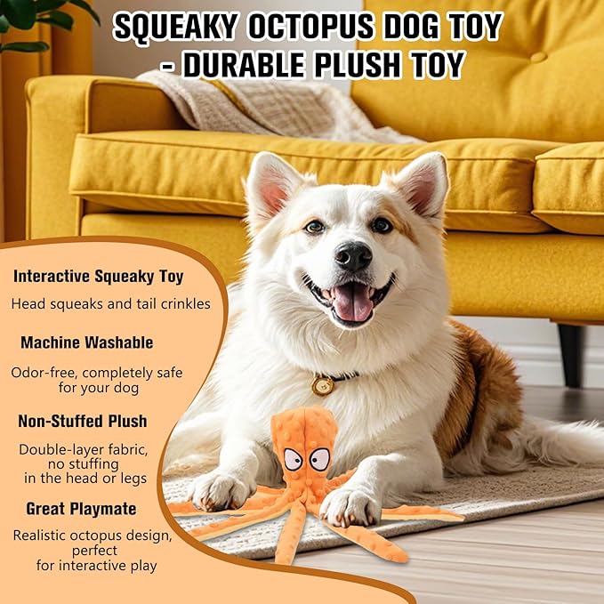 Dog Squeaky Toys Octopus, No Stuffing Plush Toys, Squeaky Octopus Dog Toy - Durable Plush for Puppies, Interactive Dogs Toys for Aggressive Chewers (Purple+Green)