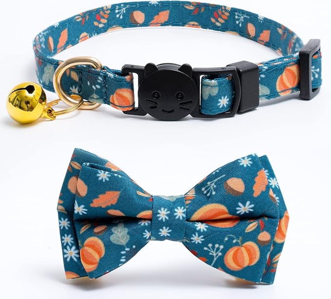 2 Pack Cotton Fall Cats Collar with Bow Tie Orange Green Cat Collars for Girl Female Boy Male Cat Collar with Bell Halloween Collars for Cats