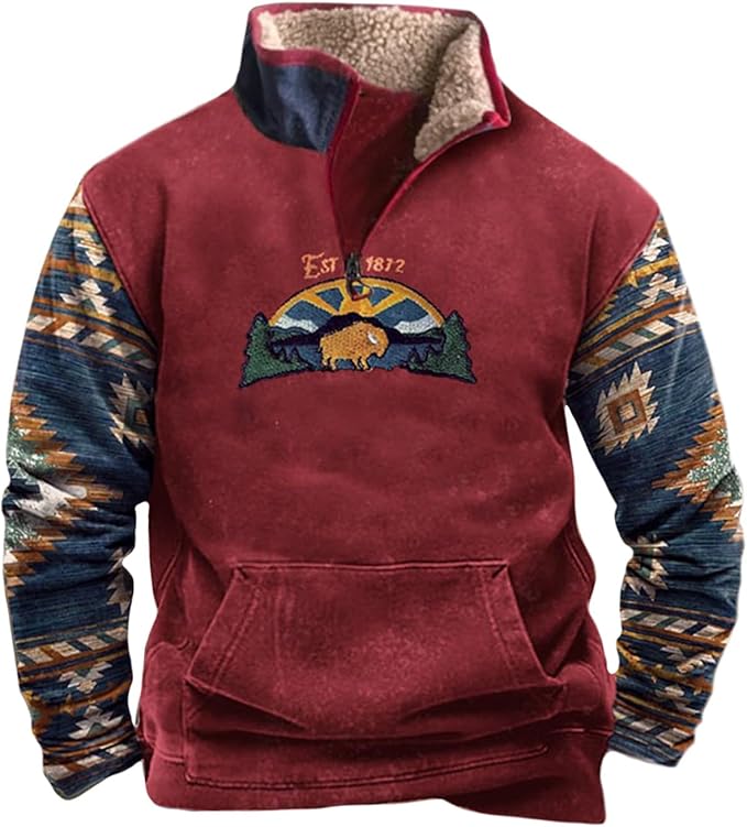 HOTYD Western Jackets for Men Cowboy Sweatshirts Vintage Ethnic Graphic Casual Long Sleeve Top 1/4 Zip Pullover Hoodies