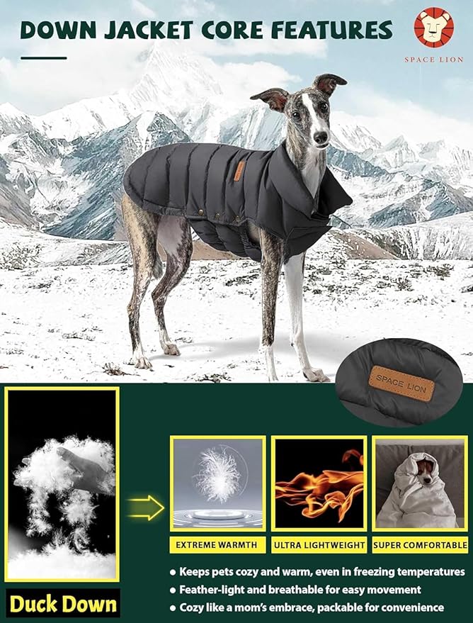 SPACE LION Dog Puffer Jacket, Down Winter Coat, Durable Outdoor Coat for Cold and Windy Conditions, Waterproof, Lightweight Jacket, Adjustable Fit for Small, Medium, Large Dogs(Black,28/4XL)