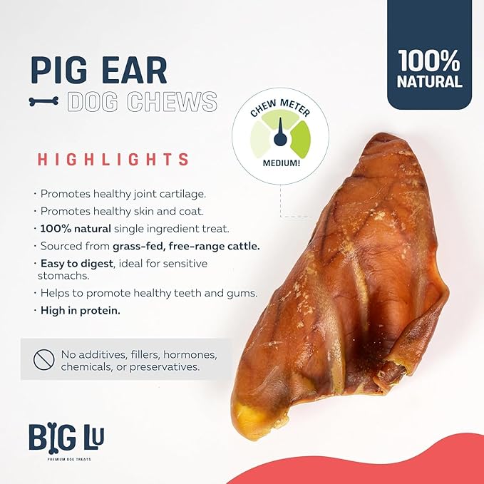 Big Lu – Pig Ear Dog Chews, 30 Count, All-Natural Single-Ingredient Pork Treats, Easily Digestible, Supports Joint Health with Glucosamine and Chondroitin