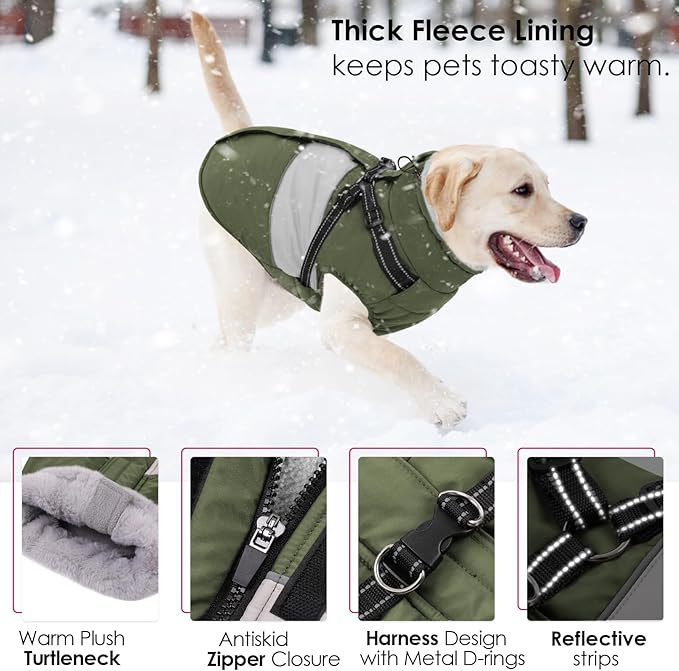 AOFITEE Dog Coat, Large Dog Jacket, Dogs Coat with Harness Built in, Reflective Waterproof Dogs Jackets Winter with Furry Collar, Warm Polar Fleece Pet Sweater Snowsuit for Doberman, Great Dane, XXL