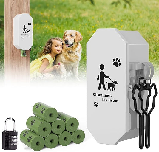 Dog Poop Bag Dispenser Wall Mount with 2Pcs Holders and 8 Rolls of Waste Bag, Metal, Corrosion-resistant, Combination Lock, Dark Gray, Suitable for Outdoor, Indoor, Raising Dogs