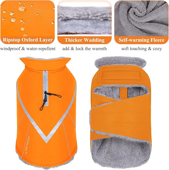 VIVAGLORY Snowrap Dog Coat, Jacket with Harness Hole & Velcro Closure, Dog Coat for Winter & Cold Weather, Fluffy Warm Fleece Lined Reflective Water Resistant for Puppy, XS, Orange