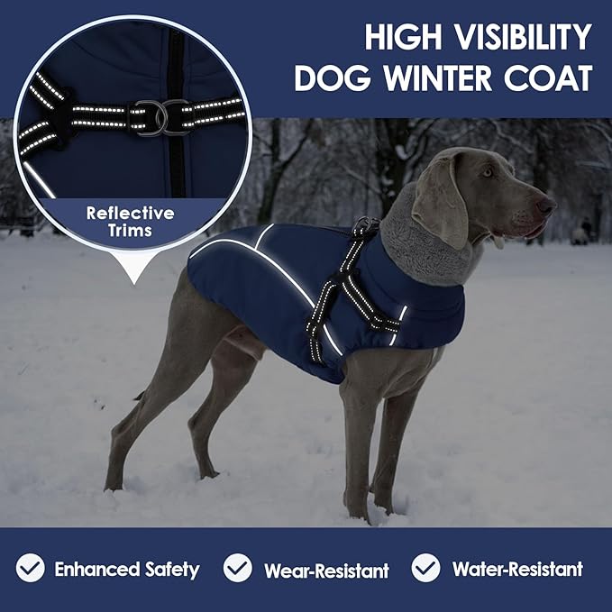 AOFITEE Dog Winter Coat, Waterproof Dog Jacket with Harness Built in, Warm Fleece Dogs Coats for Medium Dogs, Reflective Cozy Thermal Pet Puffer Jacket Snowsuit with Zipper & Furry Collar, Blue M