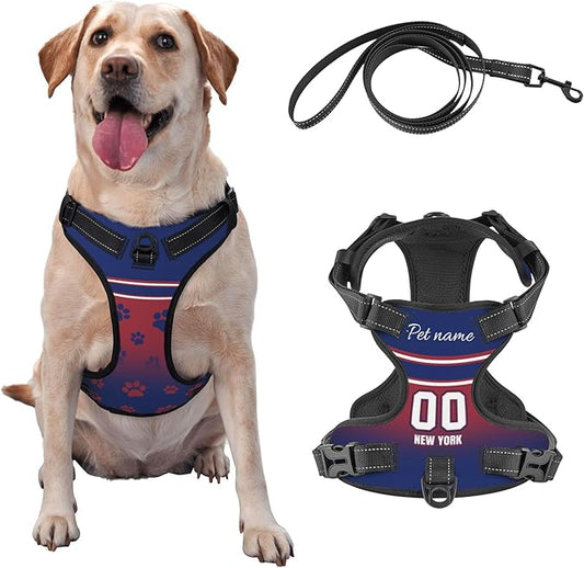 Personalized New York Dog Harness with Reflective Stripes Custom Name and Number Dog Vest Harness with Pet Traction Rope for Small Medium Large Dog