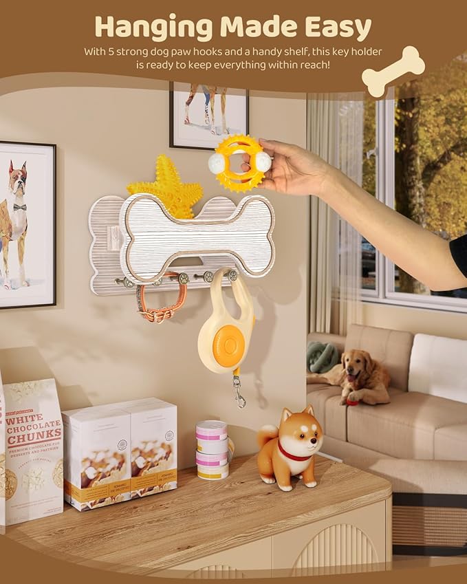 Decorative Dog Leash Holder for Wall - Creative Doggie Bone Shape Key Holder Wall Mount with Dog Stuff Storage Shelf & 5 Cute 3D Puppy Paw Hooks - Ideal for Room Decor (White)