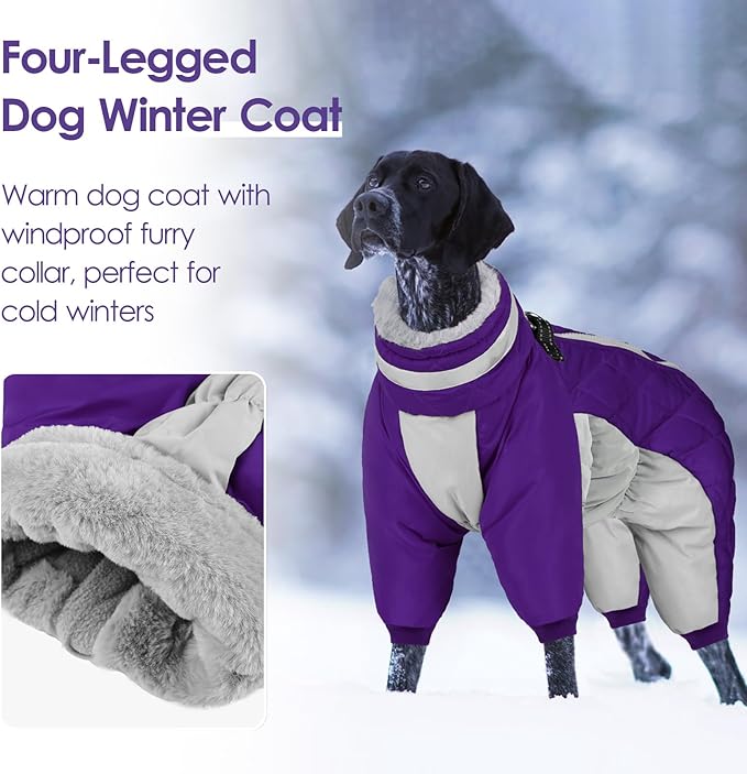 SUNFURA Full Body Dog Coat - Warm Fleece Jacket for Small Dogs, Turtleneck Winter Coats with Harness, Reflective Dog Snowsuit Windproof Puffer Jackets with Legs for Pug, Jack Russel, Purple S