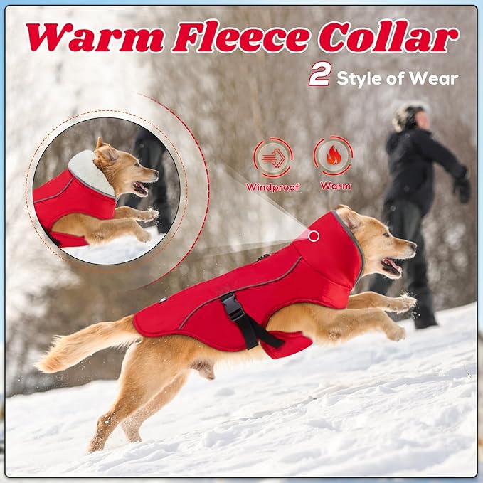 EMUST Dog Coat, Waterproof Pet Snow Jacket for Winter, Adjustable Small/Medium/Large Dog Coat/s for Winter, Red, L