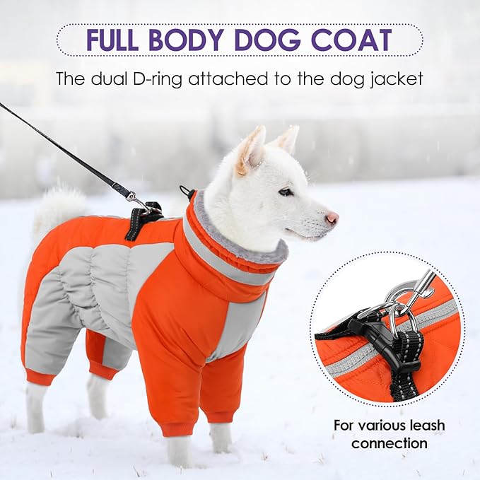SUNFURA Full Body Dog Coat - Warm Fleece Jacket for Small Dogs, Turtleneck Winter Coats with Harness, Reflective Dog Snowsuit Windproof Puffer Jackets with Legs for Pug, Jack Russel, Orange S