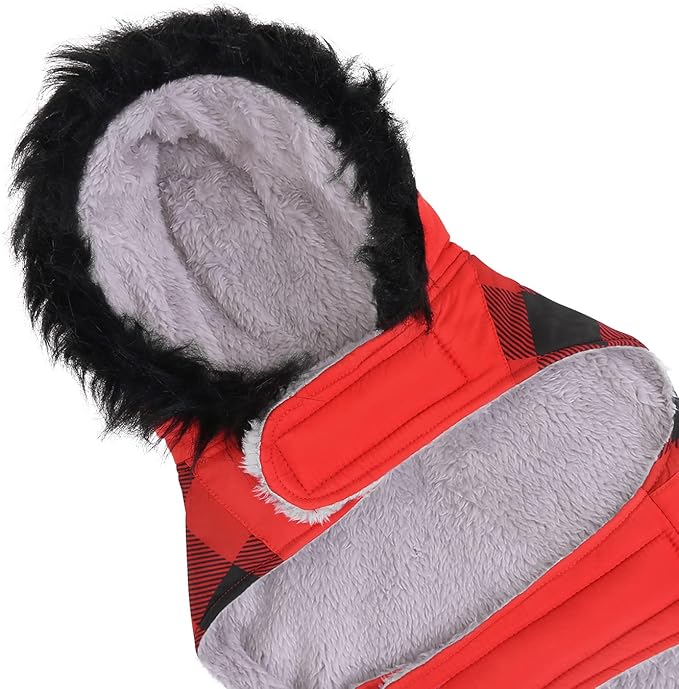 HDE Dog Puffer Jacket Fleece Lined Warm Dog Parka Winter Coat with Harness Hole Buffalo Plaid - S