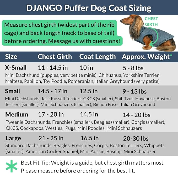 DJANGO Reversible Puffer Dog Coat – Warm Winter Dog Jacket & Water-Repellent Insulated Dog Coat w/Harness Hole, Windproof, Adjustable Fit for Small & Medium Dogs, Dachshunds – Twilight Blue, Small