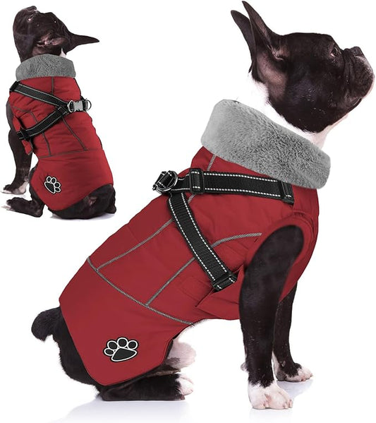 Doglay Dog Jacket Waterproof Dog Coat with Harness Built in, Christmas Puppy Winter Coat Reflective Turtleneck Puffer Snow Jackets for Small Medium Large Dogs