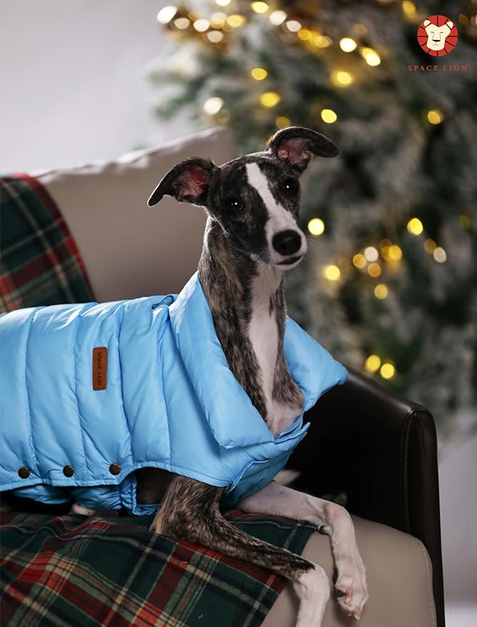 SPACE LION Dog Puffer Jacket, Down Winter Coat, Durable Outdoor Coat for Cold and Windy Conditions, Waterproof, Lightweight Jacket, Adjustable Fit for Small, Medium, Large Dogs(Blue,12/M)