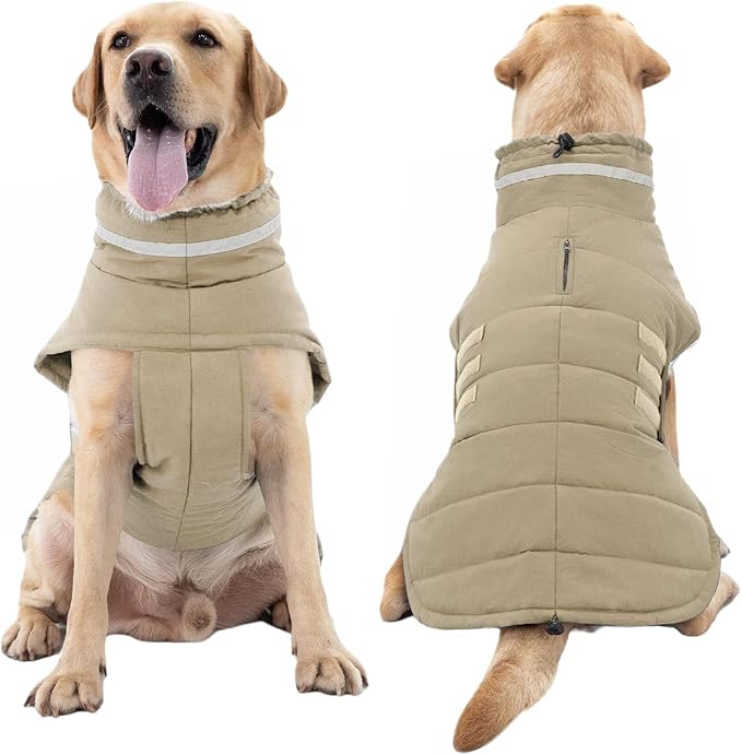 Dog Coat, Waterproof Winter Jacket, Warm Windproof Jacket, Reflective Adjustable Turtleneck Coats for Medium Dogs with Hook & Loop - Khaki - M