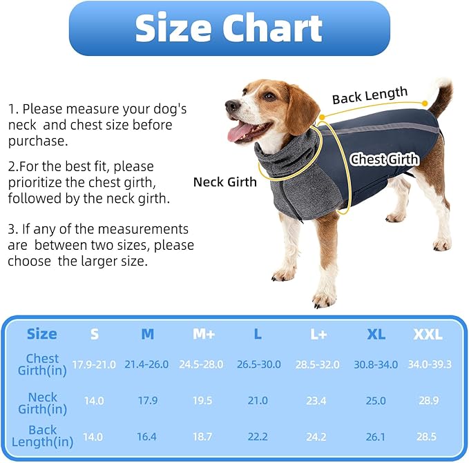 SlowTon Winter Dog Coat, Warm Polar Fleece Lining Doggie Outdoor Jacket with Turtleneck Scarf Reflective Stripe Adjustable Waterproof Windproof Puppy Vest Soft Pet Outfits (L,Dark Blue)