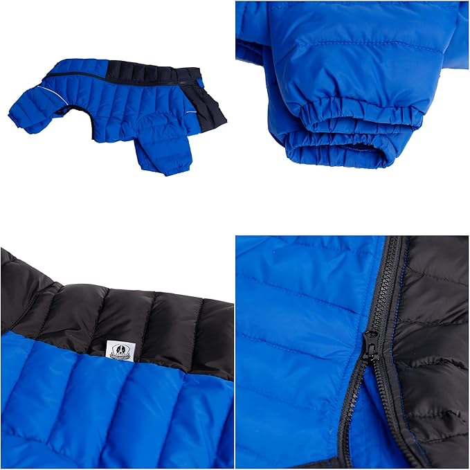 Warm Dog Jacket, 4 Legs Covered Waterproof Windproof Reflective Vest, Zippered Adjustable Outdoor Snow Jacket for Small to Large Dogs, Blue