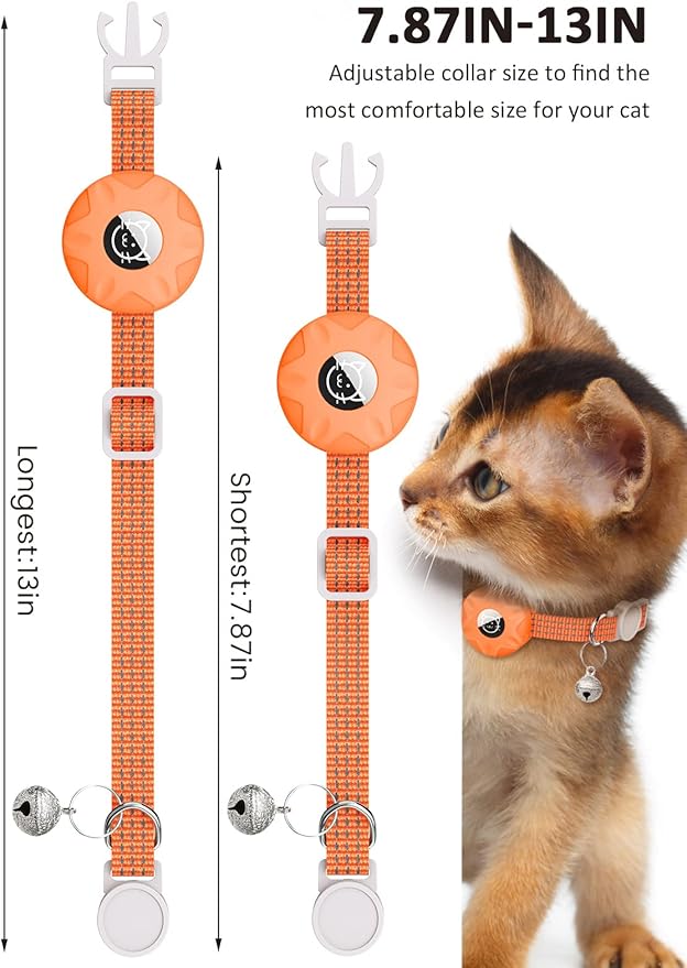 AirTag Cat Collar, Reflective Kitten Collar Breakaway Apple Air Tag Cat Collar, GPS Cat Collar with AirTag Holder and Bell, Lightweight Tracker Cat Collars for Girl Boy Cats Puppies (Orange)