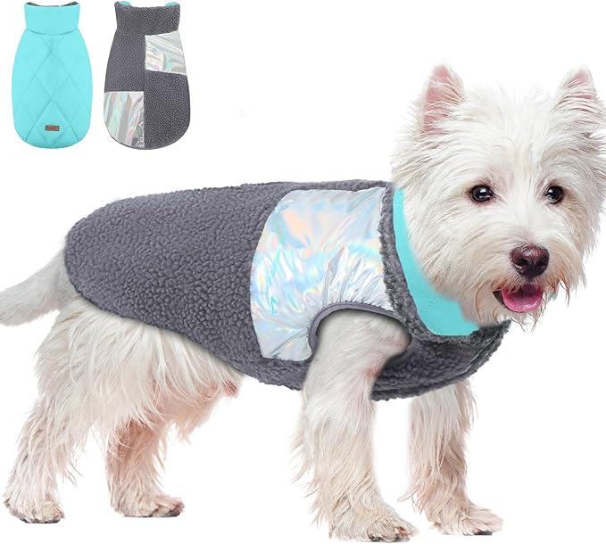 EMUST Warm Dog Jacket, Cozy Dog Fleece Coat with Leash Hole, Waterproof Reversible Winter Sweater Coats for Small Dogs, Grey, XS