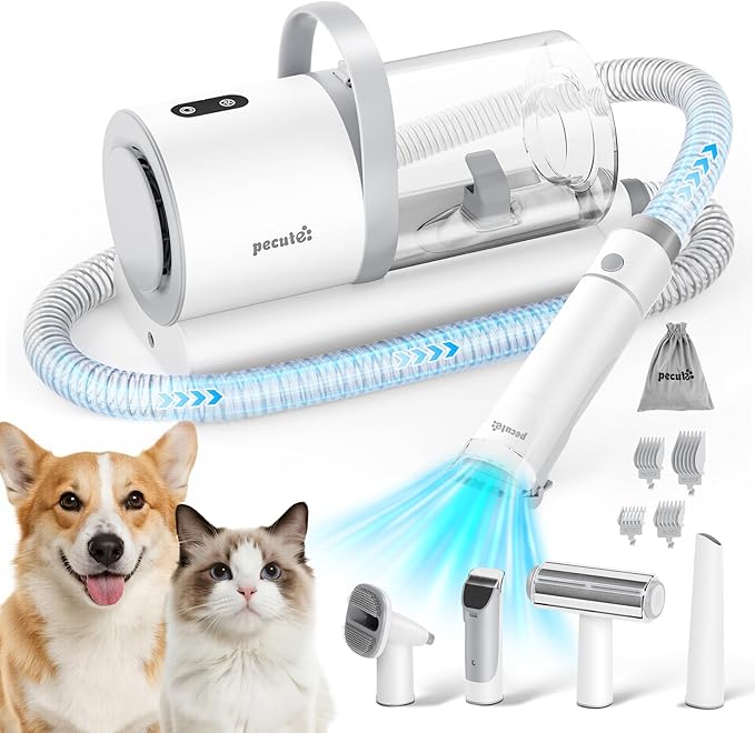 Pecute Dog Grooming Vacuum, 4-in-1 Pet Grooming Kit with Clipper, Brush, 12000Pa Dog Vacuum for Shedding with 1.5L Dust Cup, Storage Pocket, Low Noise Pet Vacuum for Dog & Cat, Home Grooming