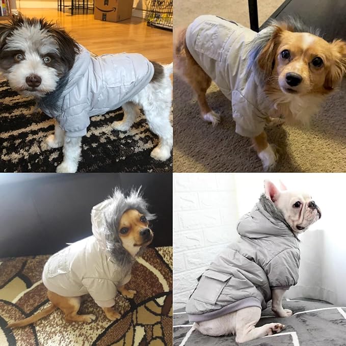 LESYPET Dog Coat for Small Dogs, Windproof Doggie Puffer Jacket with Leash Hole, Extra Warm Dog Jacket Winter Coat, Grey L