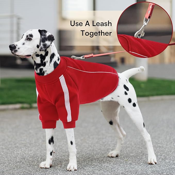 Queenmore XXXL Christmas Dog Sweater, Cozy Fleece Dog Sweatshirt, Warm Winter Fleece Jacket for Small, Medium & Large Dogs with Leash Hole/Reflective Stripes Red