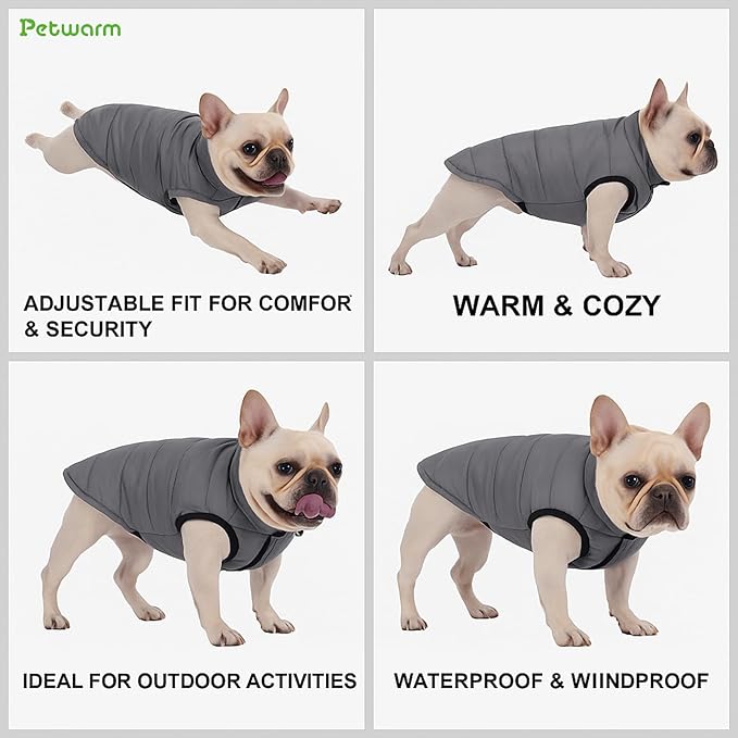 PetWarm Reversible Dog Cold Weather Coats, Waterproof Dog Puffer Vest, Vest for Dogs with Hook-and-Loop Strap, Windproof Outdoor Coat for Winter Walks and Snowy Days, Grey, XL