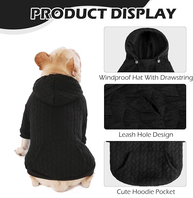 EXPAWLORER Textured Cable Knit Basic Dog Hoodie, Elevated Style Dog Sweater with Leash Hole and Pocket, Soft and Warm Pet Winter Coat, Cold Weather Clothes for Small Medium Large Dogs Cats,Black L