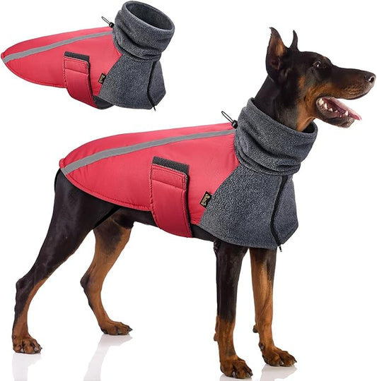 SlowTon Winter Dog Coat, Warm Polar Fleece Lining Doggie Outdoor Jacket with Turtleneck Scarf Reflective Stripe Adjustable Waterproof Windproof Puppy Vest Soft Pet Outfits (L+,Red)