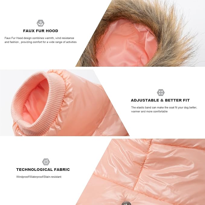 PINA Dog Winter Coat with Faux Fur Hood, Windproof and Warm, Suitable for Small to Large Dogs, Pink, XL