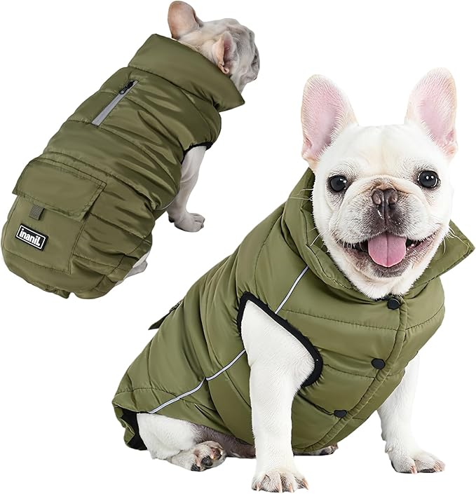 Dog Winter Jacket Waterproof, Reflective Fleece Lined Dog Coats for Small Medium Large Dogs, Warm Snow Coat for Dogs, Insulated Cold Weather Dogs Puffer Jackets with Leash Hole, Olive, XL