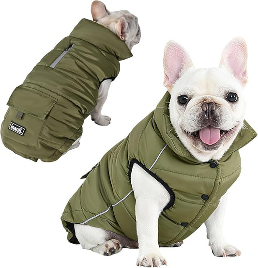 Dog Winter Jacket Waterproof, Reflective Fleece Lined Dog Coats for Small Medium Large Dogs, Warm Snow Coat for Dogs, Insulated Cold Weather Dogs Puffer Jackets with Leash Hole, Olive, XL