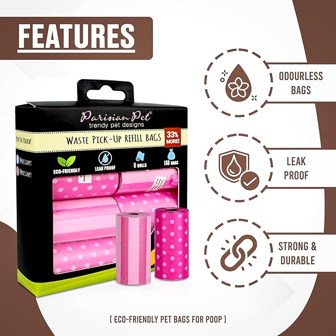Parisian Pet Ecofriendly Dog Poop Bags Rolls - 160 Count Unscented Poop Bags For Dogs - Leakproof, Extra Thick, 8 Dog Waste Bags Refill Rolls - Stripes Dots Pink Doggie Poop Bags