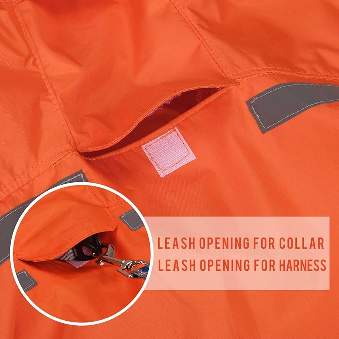Dog Raincoat with Adjustable Belly Strap and Leash Hole - Hoodie with Reflective Strip - Waterproof Slicker Lightweight Breathable Rain Poncho Jacket for Medium Large Dogs - Easy to Wear, Orange 5XL