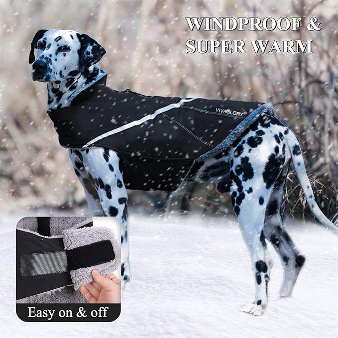 VIVAGLORY Snowrap Dog Coat, Jacket with Harness Hole & Velcro Closure, Dog Coat for Winter & Cold Weather, Fluffy Warm Fleece Lined Reflective Water Resistant for Puppy, L, Black