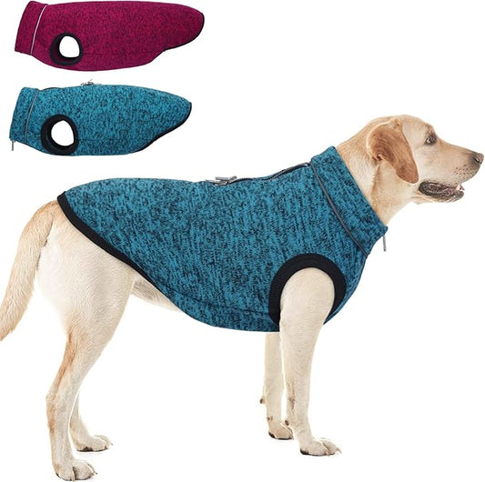 ROZKITCH XXX-Large Dog Sweater with Fleece Lining, Knit Fabric Pet Jacket Jumpsuit, Adjustable Reflective Vest with Zipper Opening on The Back and Neck for Harness, Easy Maintenance Blue, 3XL