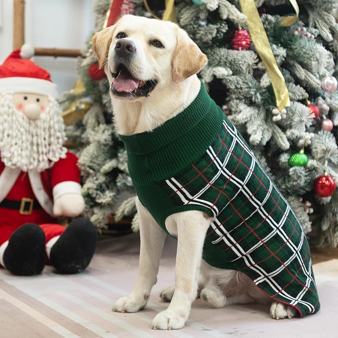 PUPTECK Dog Sweaters for Large Medium Small Dogs - Fall Classic Plaid Style Puppy Holiday Winter Coat Clothes Warm, Green, ML