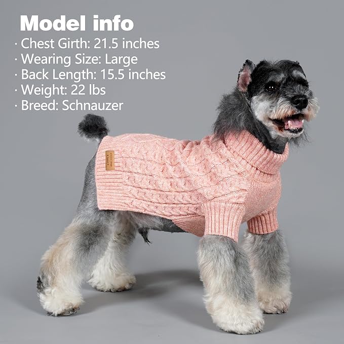KYEESE Dog Sweater with Long Sleeve Classic Cable Knit Dogs Clothes Soft Pets Sweater, Turtleneck Dogs Coats Small Dog Sweater for Cold Weather, Pink, X-Small
