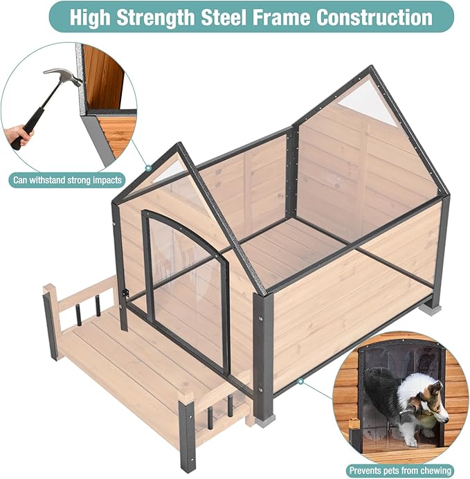 Dog House with Heating Pad, Weatherproof Outdoor Kennel for Large Dogs, Chew-Resistant Iron Frame & Asphalt Roof (Wood, L)
