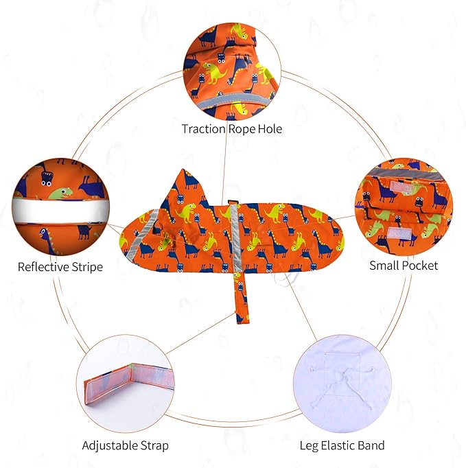 NACOCO Large Dog Raincoat Adjustable - Pet Dinosaurs Water Proof Clothes Lightweight Rain Jacket Poncho Hoodies with Strip Reflective Blue (XXXL, Orange Dinosaur)