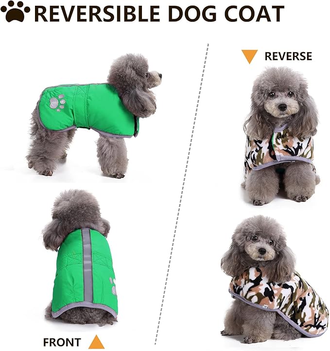 Queenmore Dog Winter Coat, Cold Weather Fleece Jacket for Dogs, Waterproof Reflective Reversible, for Small, Medium and Large Dogs (Green, S)