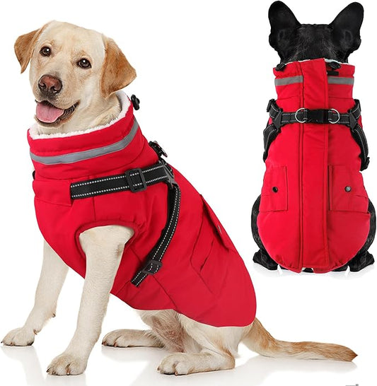 Dogcheer Dog Coat with Harness, Waterproof Warm Dog Winter Jacket with Pockets, Reflective Pet Fleece Jacket Turtleneck Snowsuit for Small Medium Large Dogs - Red, L