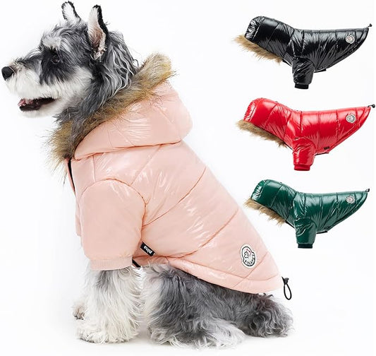 PINA Dog Winter Coat with Faux Fur Hood, Windproof and Warm, Suitable for Small to Large Dogs, Pink, Large