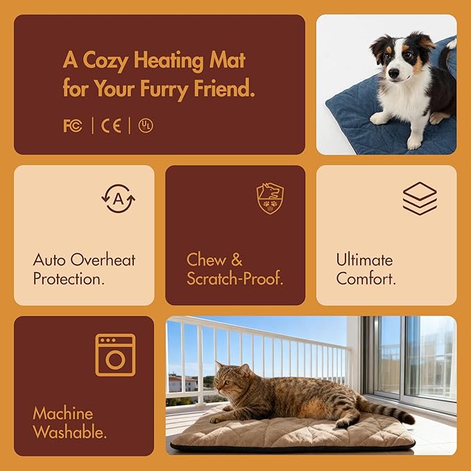 Dog Heating Pad (48"x28") - Waterproof Electric Heated Mat & Pet Bed for Indoor and Outdoor Use, Chew Resistant Cord, Machine Washable Cover with Wheat Pattern Quilting, for Cats and Pets