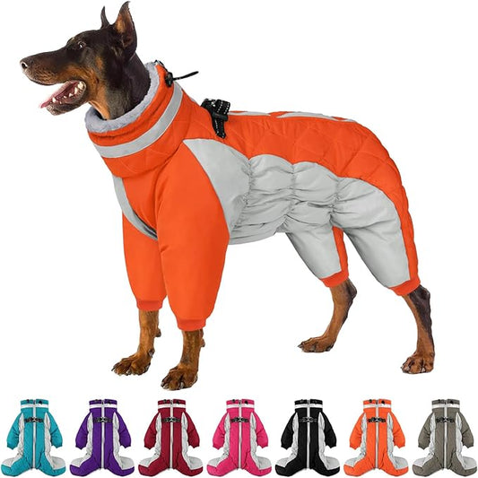 SUNFURA Full Body Dog Coat - Warm Fleece Jacket for Large Dogs, Turtleneck Winter Coats with Harness, Reflective Windproof Dog Snowsuit with Legs for Labrador,Golden Retriever, Orange 2XL