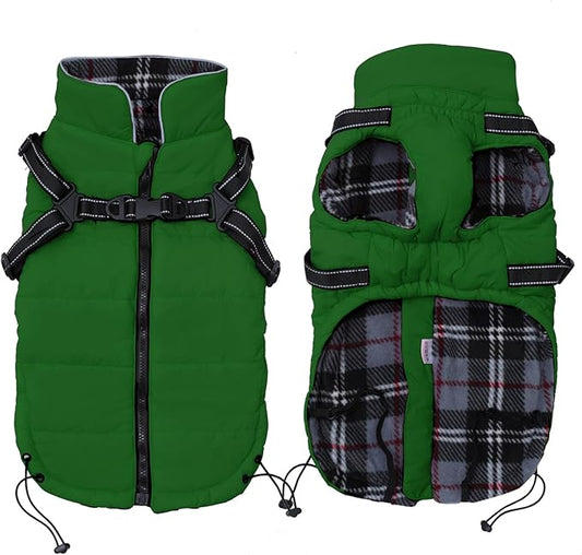 Geyecete Winter Warm Coat Waterproof Dog Winter Jacket with Harness Traction Belt,Pet Outdoor Jacket Dog Autumn and Winter Clothes for Medium, Small Dog-Green-L