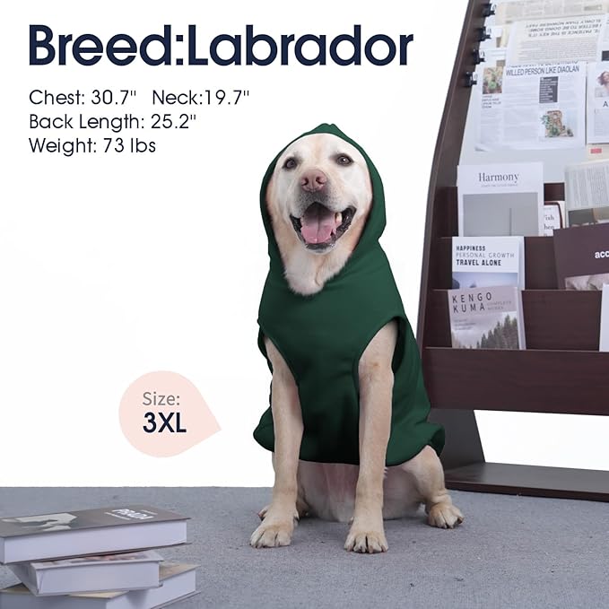IECOii Warm Dog Hoodie for Large Dogs, Extra Large Dog Hoodie Fleece Vest with Leash Hole & Pocket, Big Dogs Sweatshirt for Giant Breed, Pullover Sleeveless Great Dane Sweater, Green, 4XL