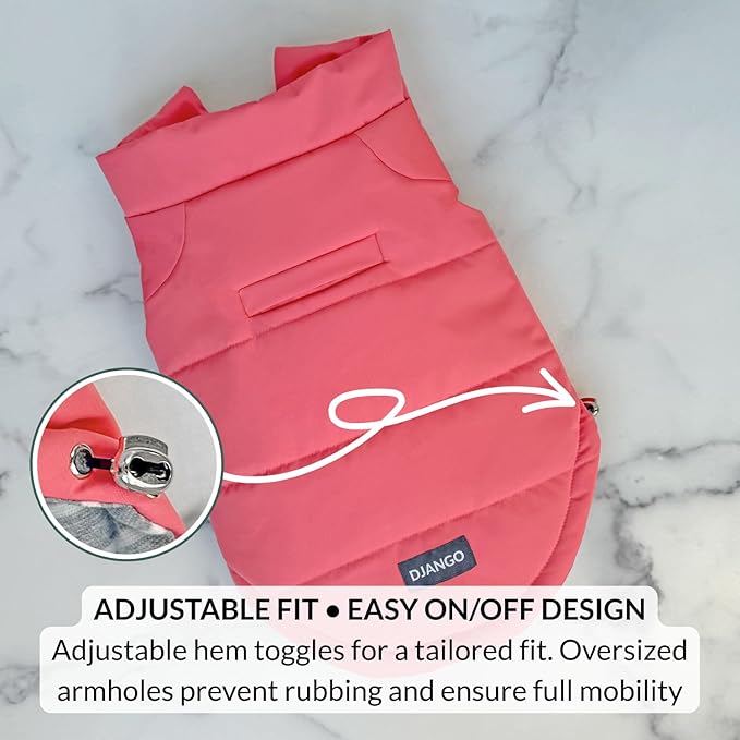 DJANGO Puffer Dog Coat – Warm Winter Dog Jacket & Water-Repellent Insulated Puffer Vest with Striped Lining, Harness Hole, Adjustable Fit for Small & Medium Dogs, Dachshunds – Rose Petal Pink, Large