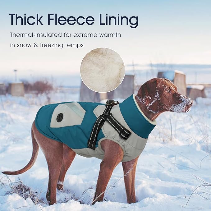 IECOii Dog Coat for Large Dogs Waterproof Dog Winter Jacket with Harness Built in, Turquoise Green - XXLarge, Thermal Warm Fleece Lined, Reflective Dogs Jackets for Cold Weather Hiking, Pitbull